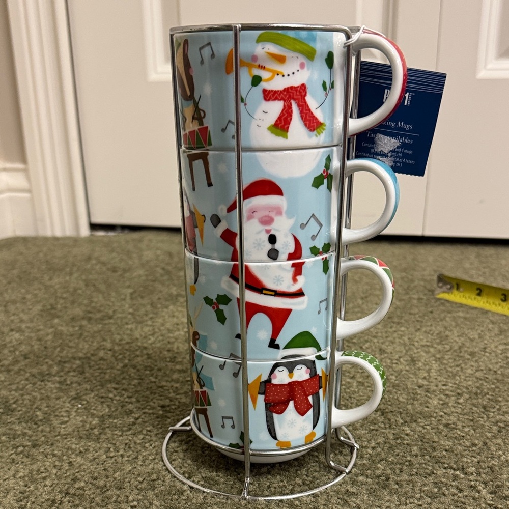 Pier 1 Festive Mug Set with Stand - Blue and Red